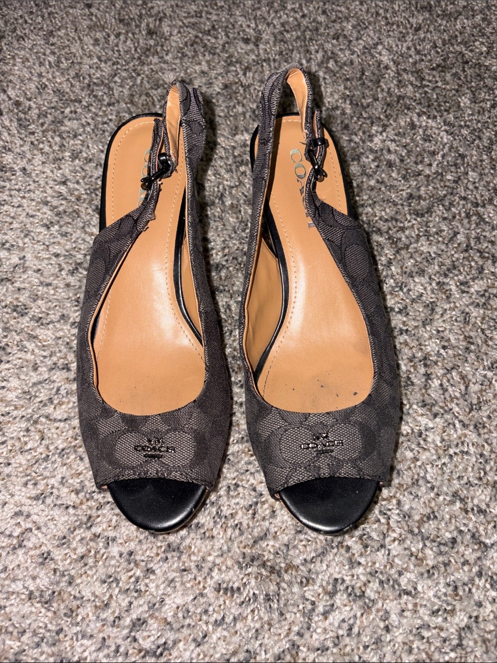 Coach Brown/Black Signature Slingback Peep-Toe wedges